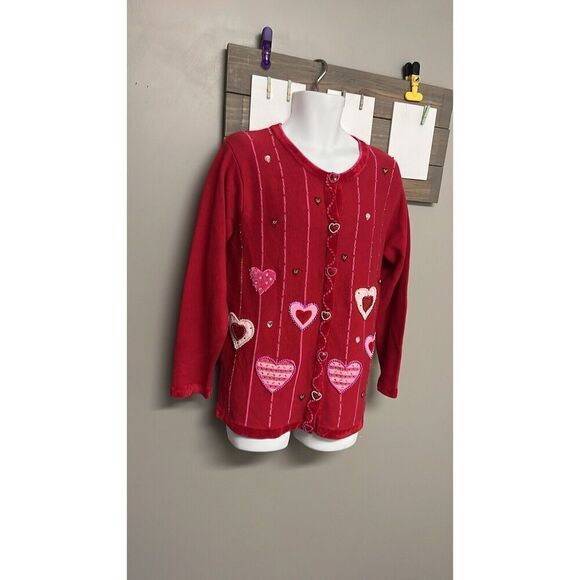 The Quacker Factory Valentine Cardigan Sweater Beaded Hearts Red/Pink Medium - Picture 3 of 16